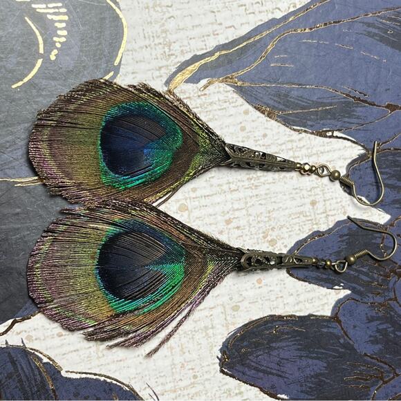 Estate Oversized Peacock Feather Drop Metal Filigree Earrings D2 - Picture 1 of 7